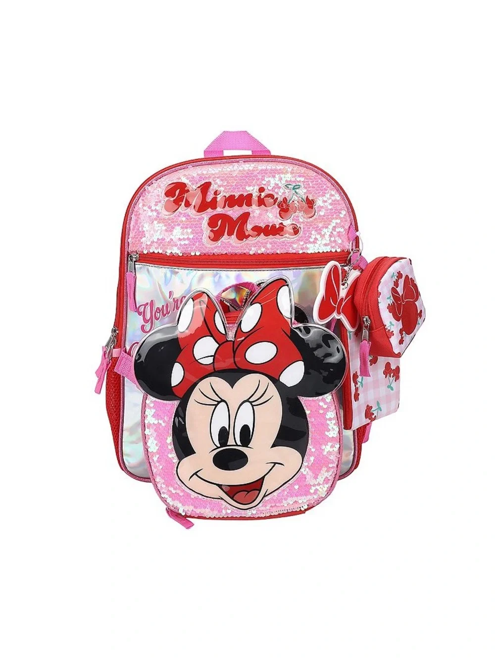 Disney Minnie Mouse Pink 5 Piece Cherry Red Sequin Backpack and Accessories Set